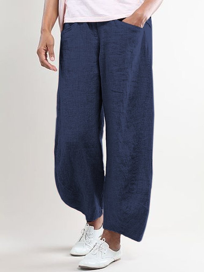 Women Casual Wide Leg Shift Cotton Pockets Solid Pants
