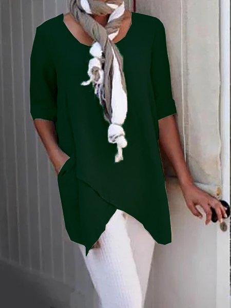 Linen Crew Neck Half Sleeve Solid Shirt & Blouses