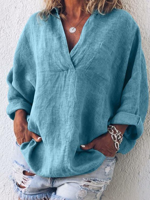 Spring Solid Long Sleeve V Neck Blouses