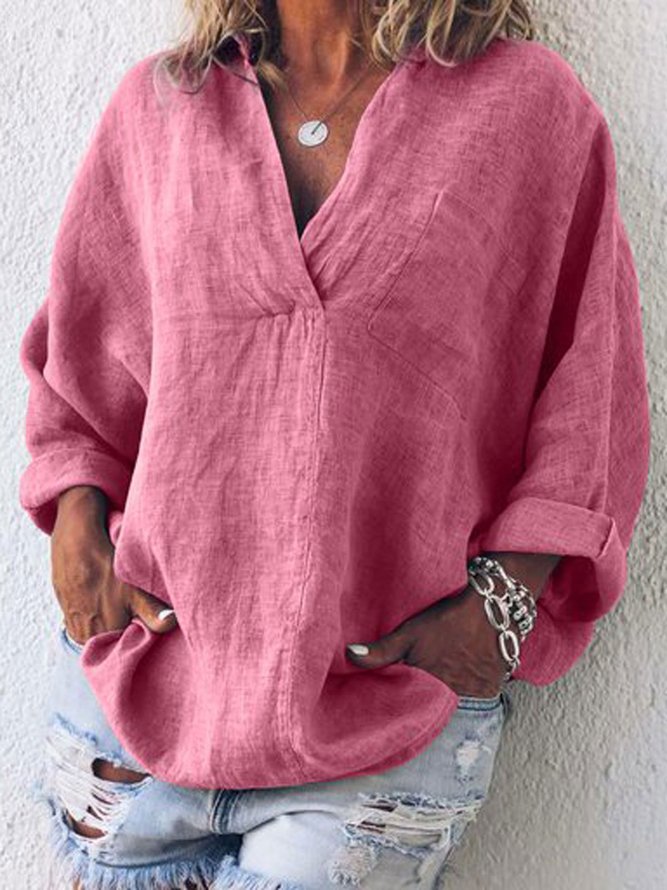 Spring Solid Long Sleeve V Neck Blouses