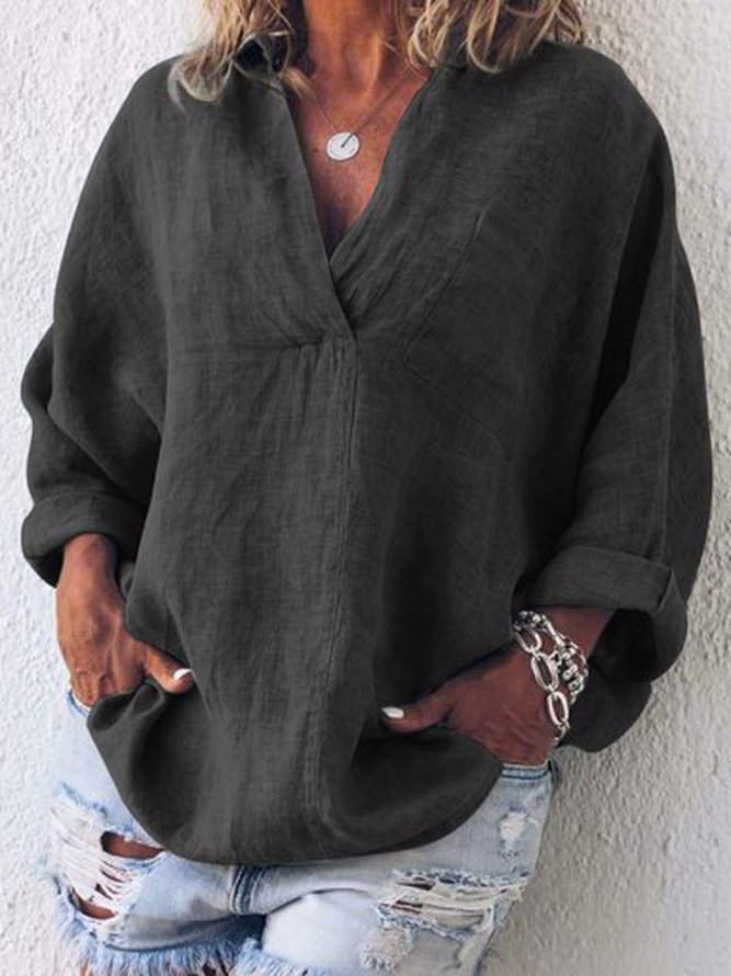 Spring Solid Long Sleeve V Neck Blouses