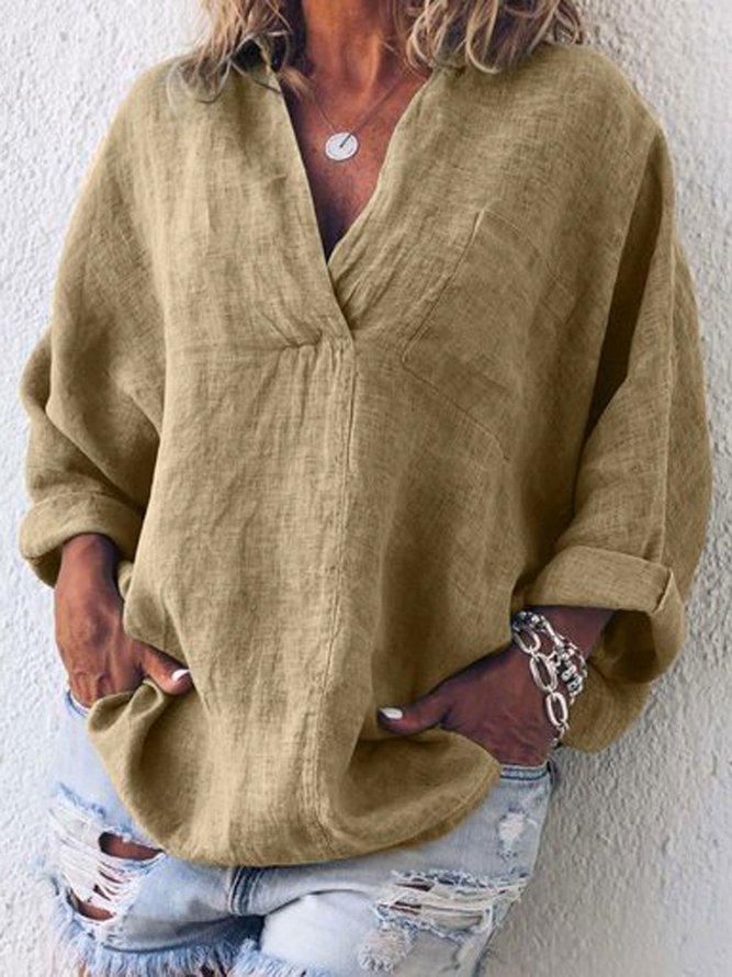 Spring Solid Long Sleeve V Neck Blouses