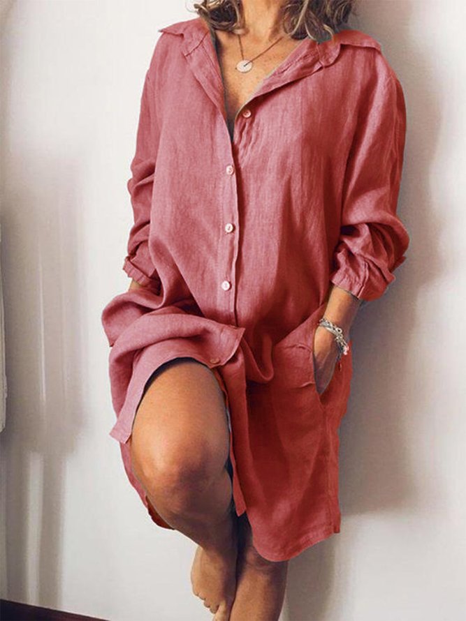 Pockets Buttoned Solid V Neck Shift Daily Cotton-Blend Weaving Dress