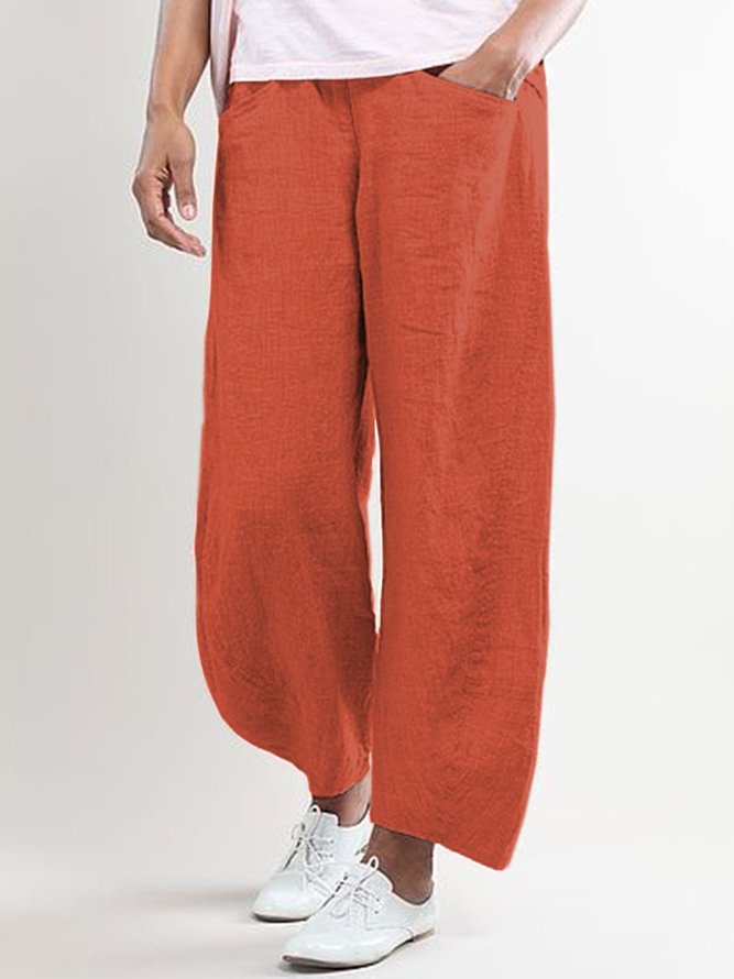 Women Casual Wide Leg Shift Cotton Pockets Solid Pants