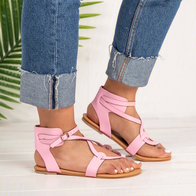 Women Large Size Adjustable Buckle Flat PU Flip Flop Sandals