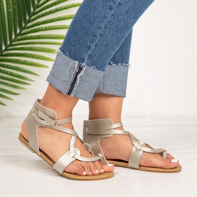 Women Large Size Adjustable Buckle Flat PU Flip Flop Sandals