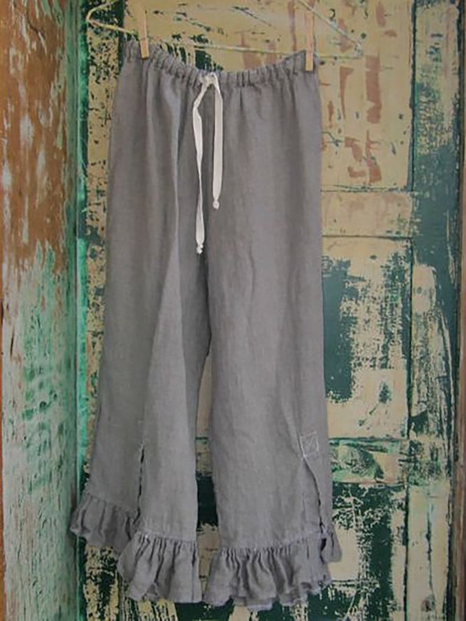 Linen Draw String Ruffle Pants Comfy Elastic Waistband Bloomers Pants