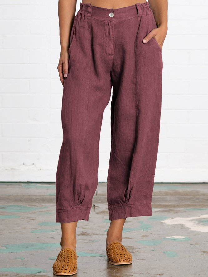 Summer Linen Women Daily Loose Capri Pants With Pockets