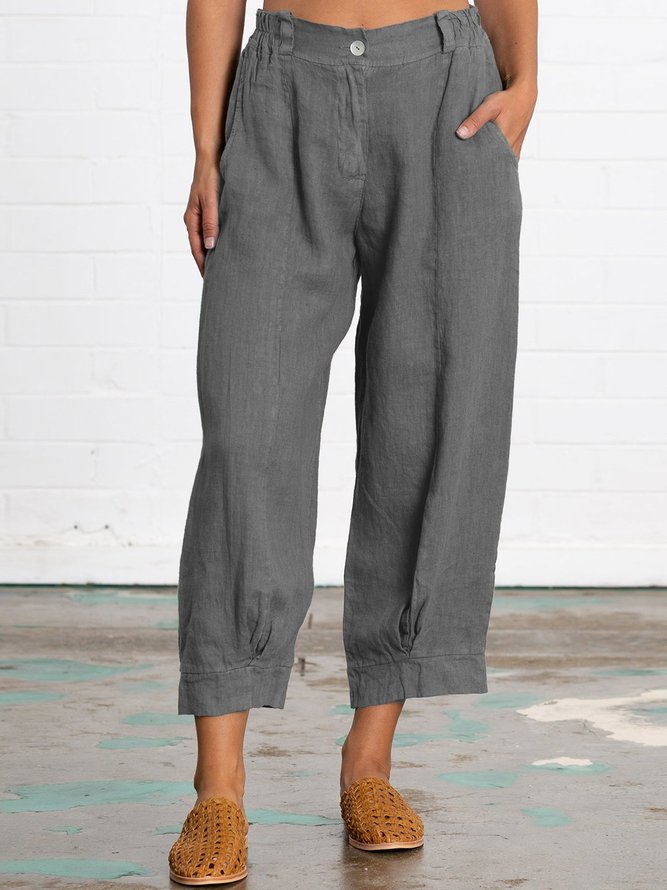 Summer Linen Women Daily Loose Capri Pants With Pockets