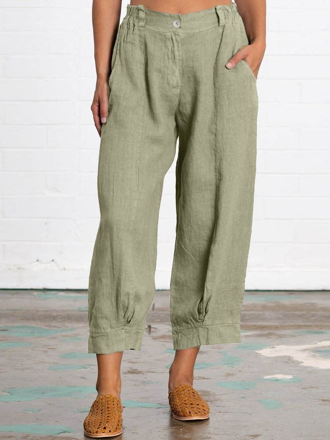 Summer Linen Women Daily Loose Capri Pants With Pockets