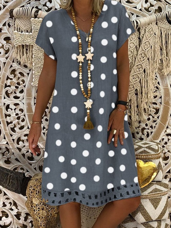 JFN V Neck polka dots Casual Midi Linen Dress
