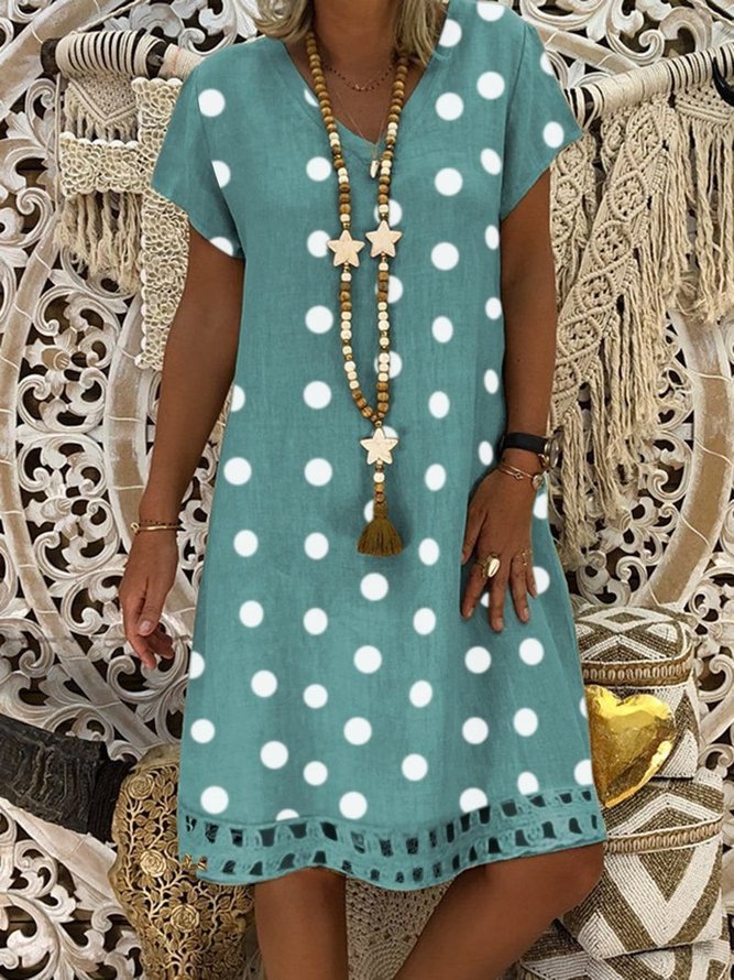 JFN V Neck polka dots Casual Midi Linen Dress