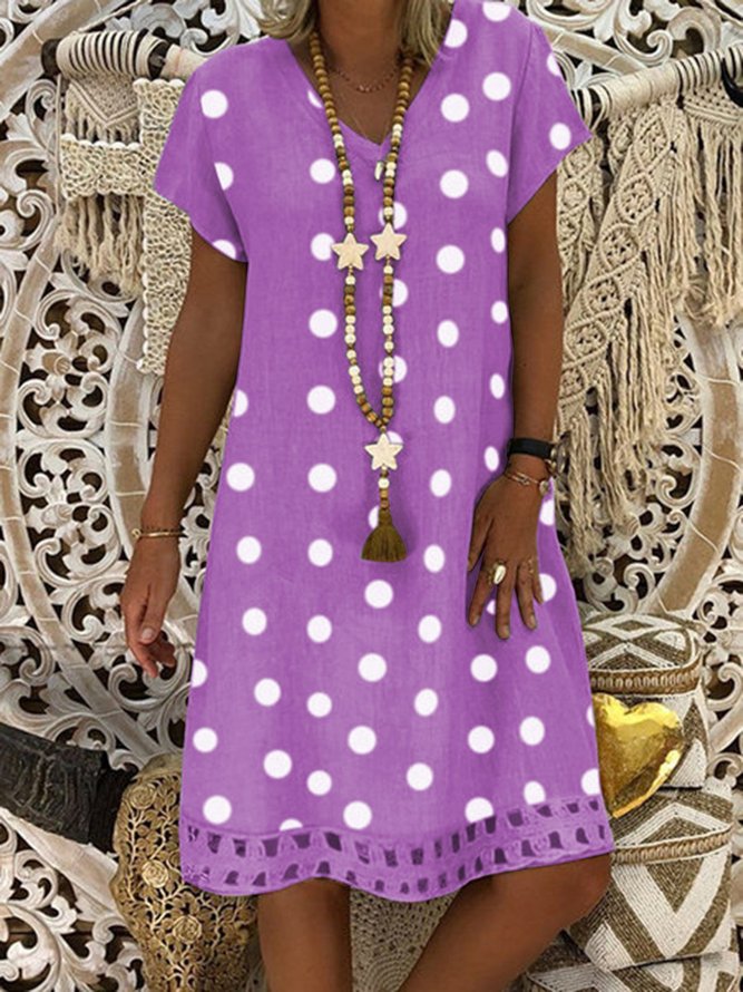JFN V Neck polka dots Casual Midi Linen Dress
