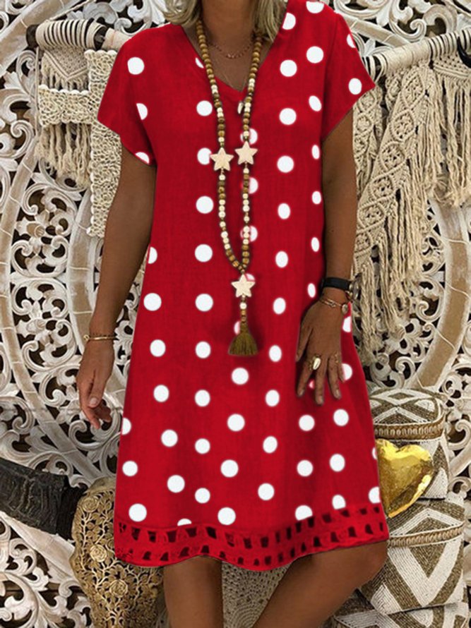 JFN V Neck polka dots Casual Midi Linen Dress