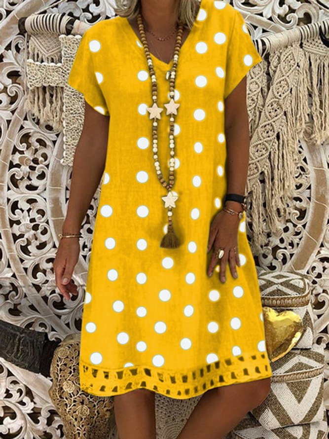 JFN V Neck polka dots Casual Midi Linen Dress