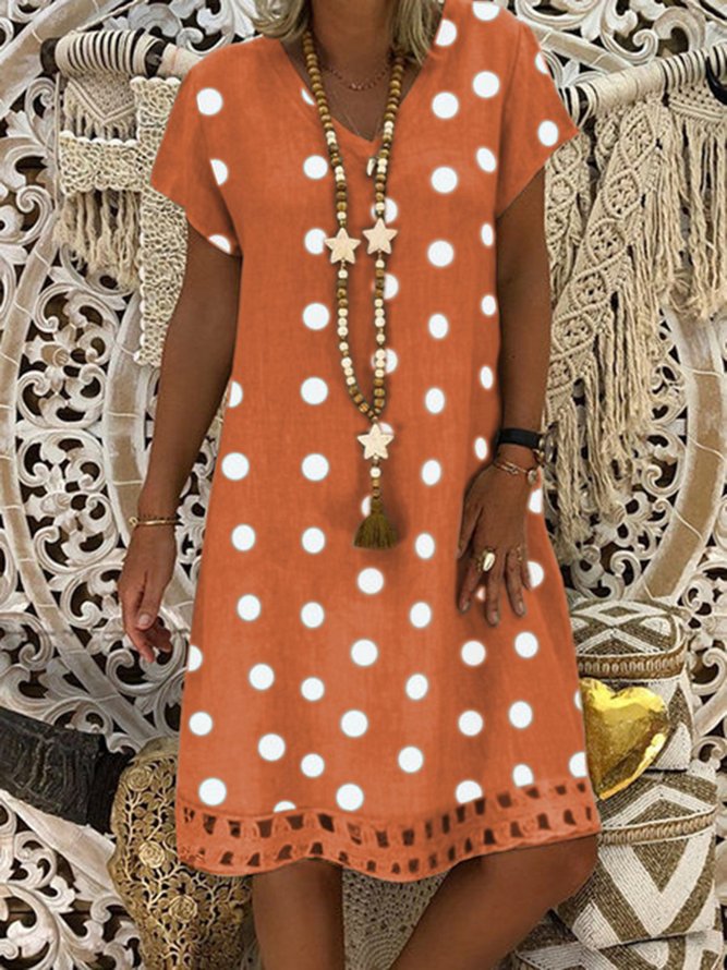 JFN V Neck polka dots Casual Midi Linen Dress