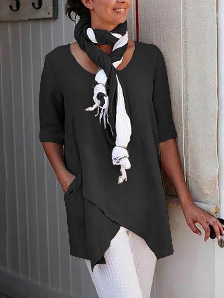 Linen Crew Neck Half Sleeve Solid Shirt & Blouses