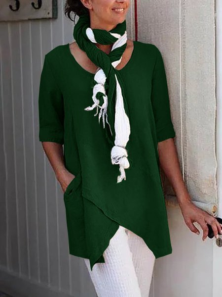 Linen Crew Neck Half Sleeve Solid Shirt & Blouses