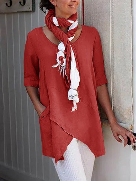 Linen Crew Neck Half Sleeve Solid Shirt & Blouses