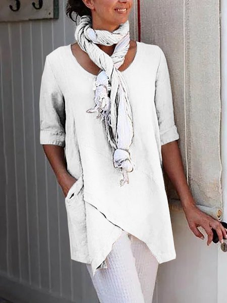 Linen Crew Neck Half Sleeve Solid Shirt & Blouses