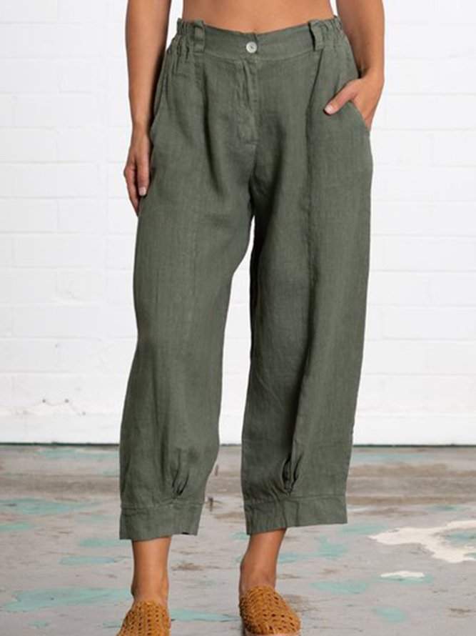 Summer Linen Women Daily Loose Capri Pants With Pockets
