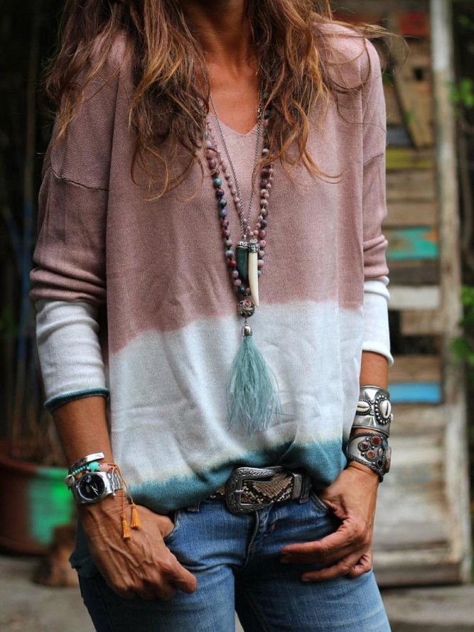 Purple Long Sleeve Ombre/tieDye Printed/dyed V Neck
