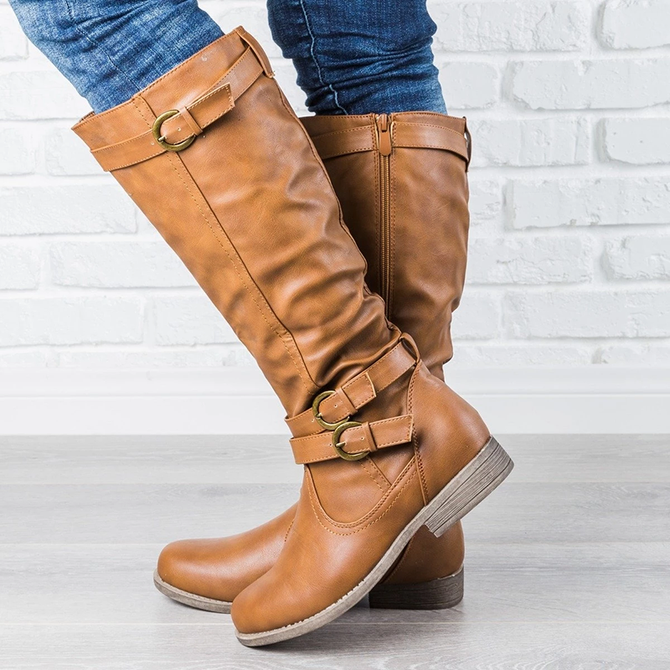 chunky heel knee high leather boots