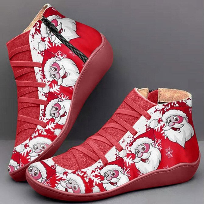 Christmas Women Boots Flat Heel Round Toe Zipper Party Booties Shoes
