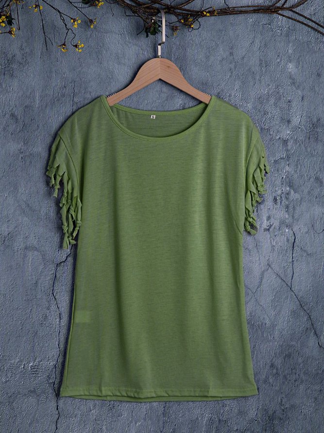 Women Summer Short Sleeve Crew Neck Tassel Tshirt