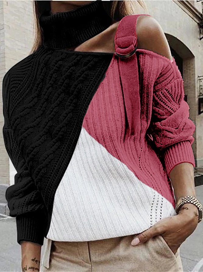 Color Block One Shoulder Knitted Sweater Plus Size Pullover
