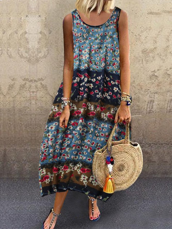 Linen Kaftan Dresses for Women Plus Size Floral Print Crew Neck Sleeveless Patchwork Maxi Dress Casual Summer Vintage Cotton Linen Dress