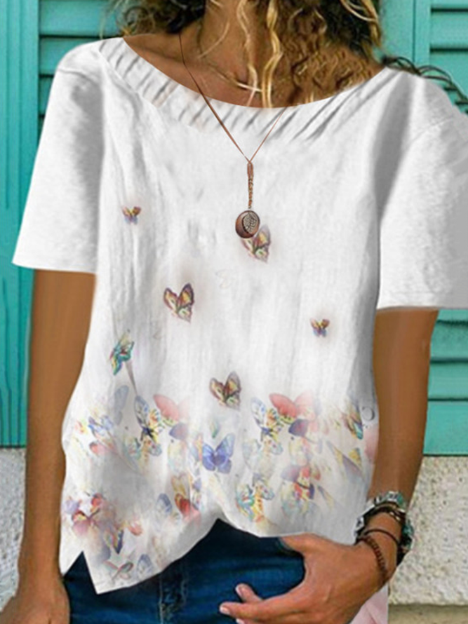 Crew Neck Floral Cotton Short Sleeve Shirts | Women's Clothing | White ...