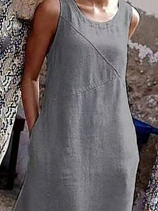 Plain Paneled Casual Linen Weaving Dress