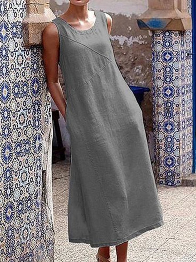 Plain Paneled Casual Linen Weaving Dress