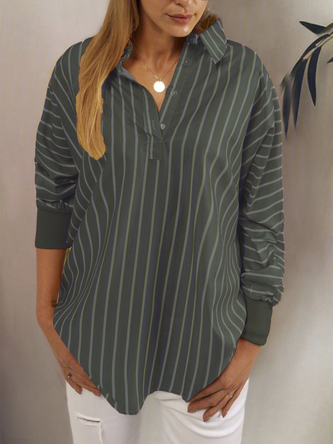 Stripes V Neck Casual Long Sleeve Blouses
