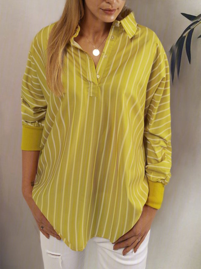 Stripes V Neck Casual Long Sleeve Blouses