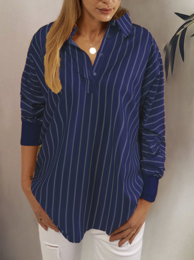 Stripes V Neck Casual Long Sleeve Blouses