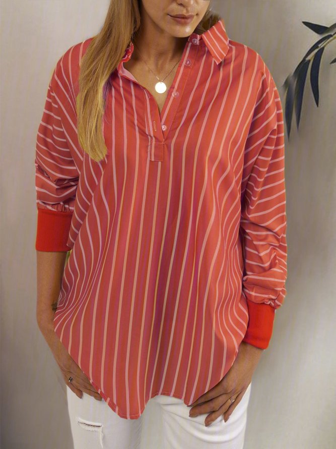 Stripes V Neck Casual Long Sleeve Blouses