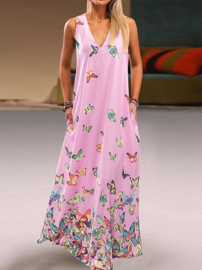 Butterfly Printed Maxi Dresses V Neck White Women Dresses Shift Daily