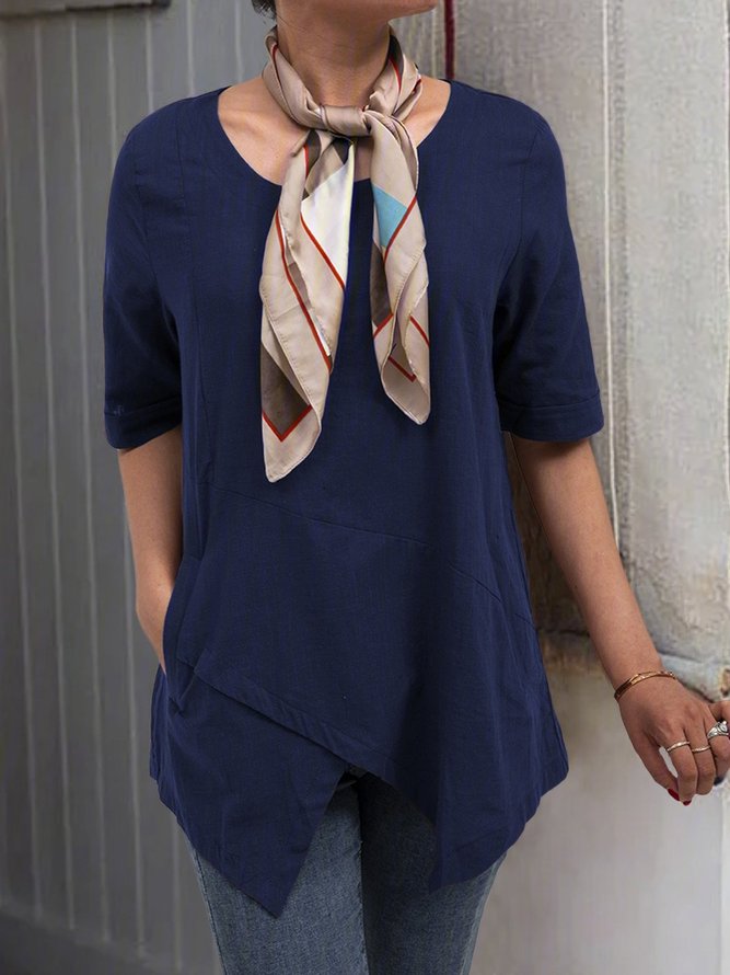 Linen Crew Neck Half Sleeve Solid Shirt & Blouses