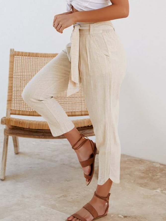 CottonBlend Ruched Pockets Pants With Belt Women's Clothing Casual