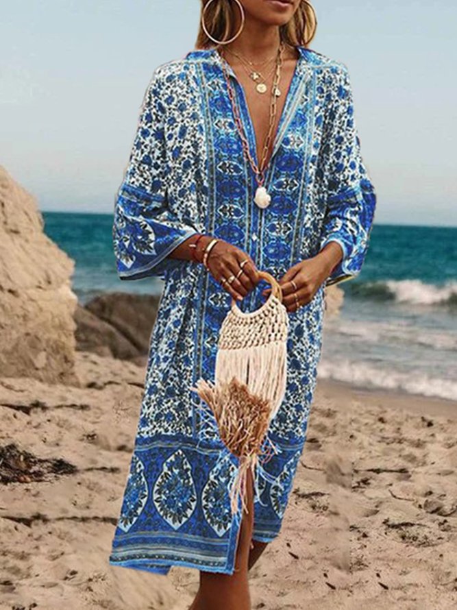 V Neck Women Summer Weaving Dress Shift Floral-Print Floral Weaving Dress