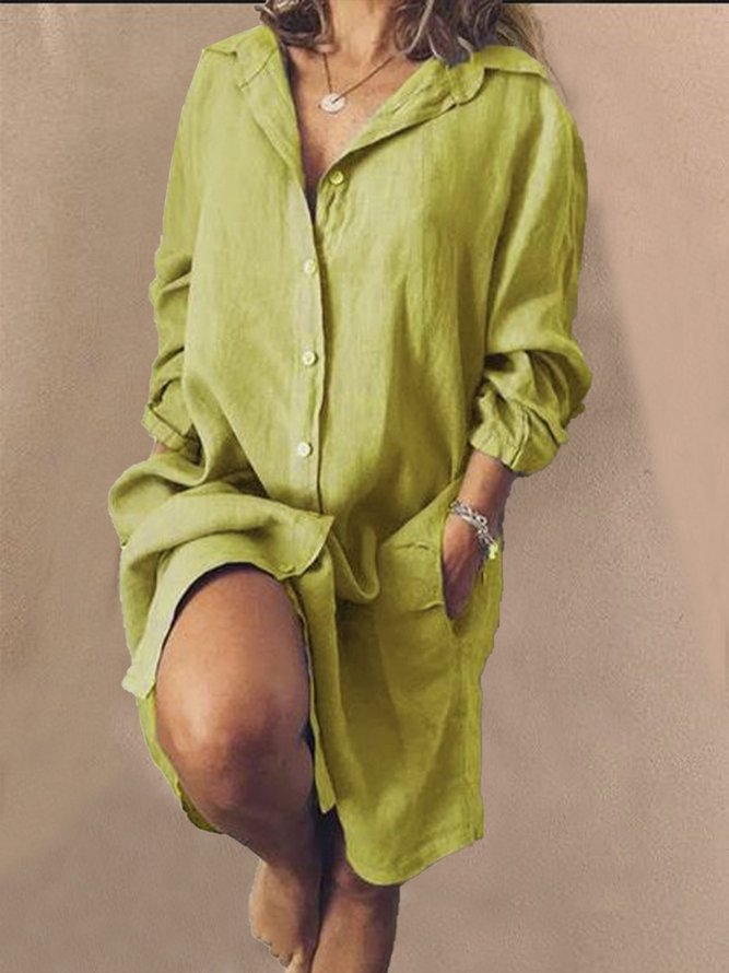 Pockets Buttoned Solid V Neck Shift Daily Cotton-Blend Weaving Dress