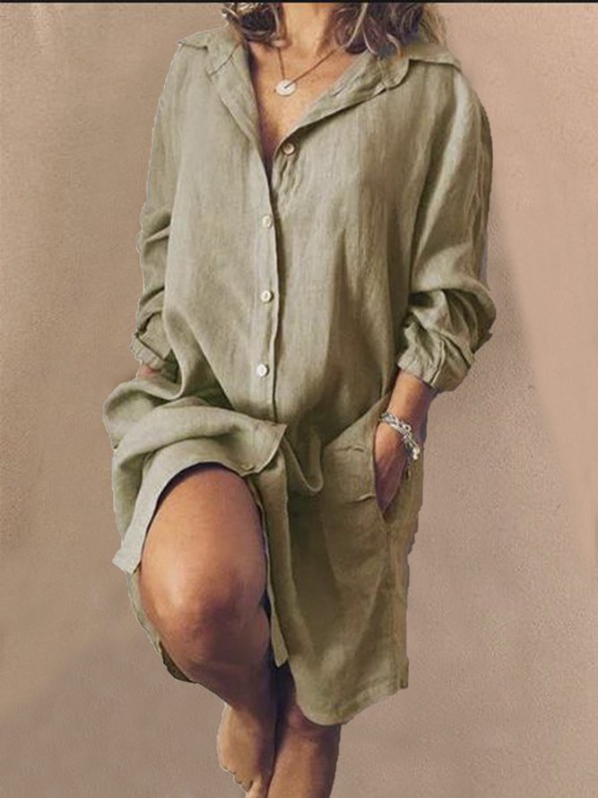 Pockets Buttoned Solid V Neck Shift Daily Cotton-Blend Weaving Dress