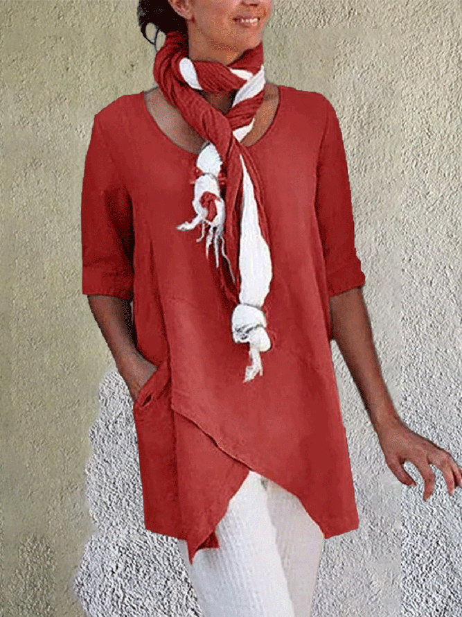 Linen Crew Neck Half Sleeve Solid Shirt & Blouses