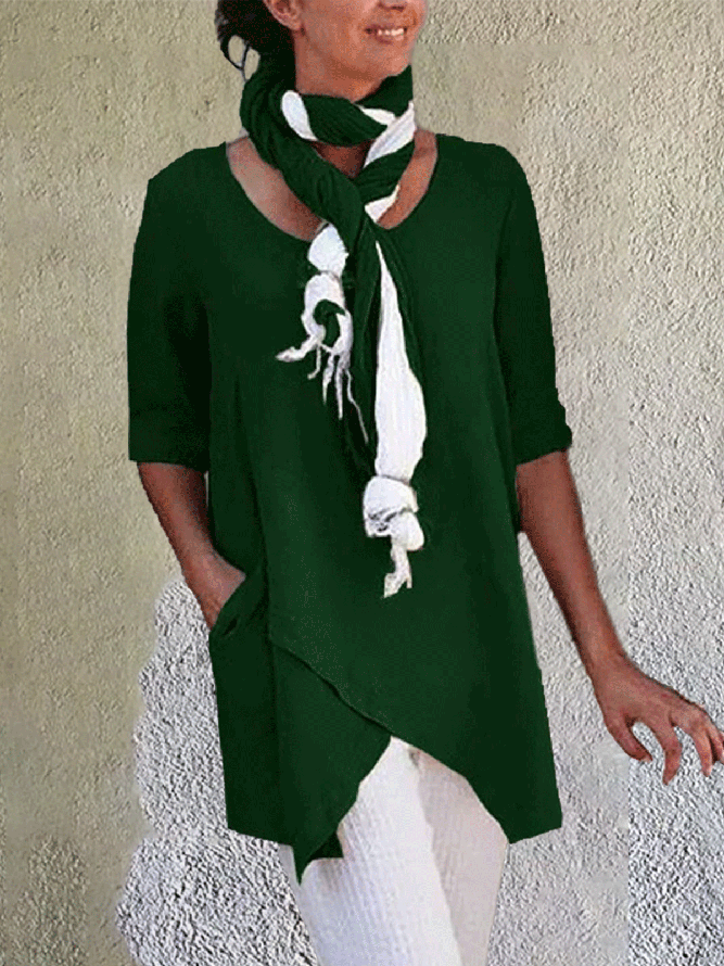 Linen Crew Neck Half Sleeve Solid Shirt & Blouses
