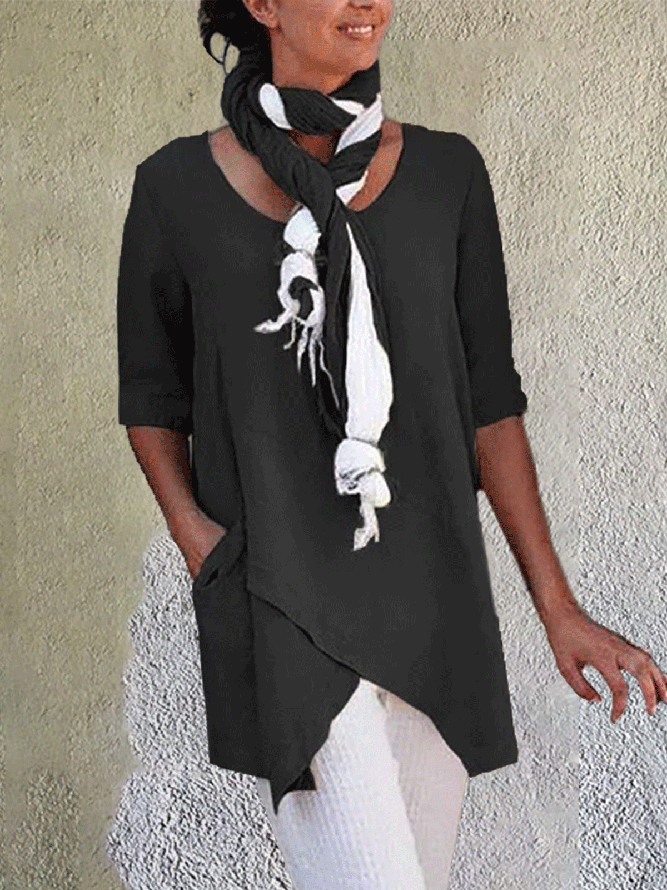 Linen Crew Neck Half Sleeve Solid Shirt & Blouses