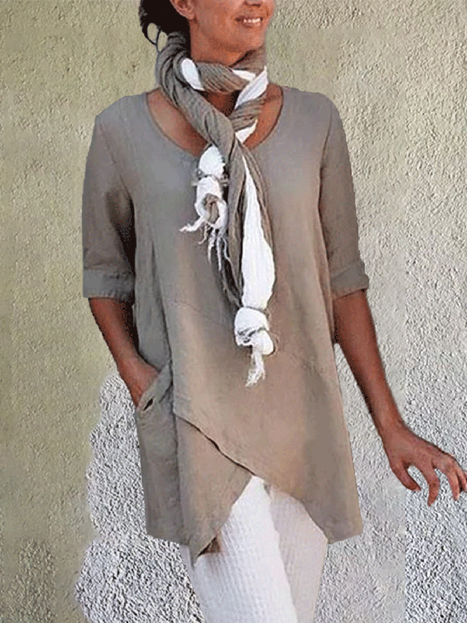 Linen Crew Neck Half Sleeve Solid Shirt & Blouses