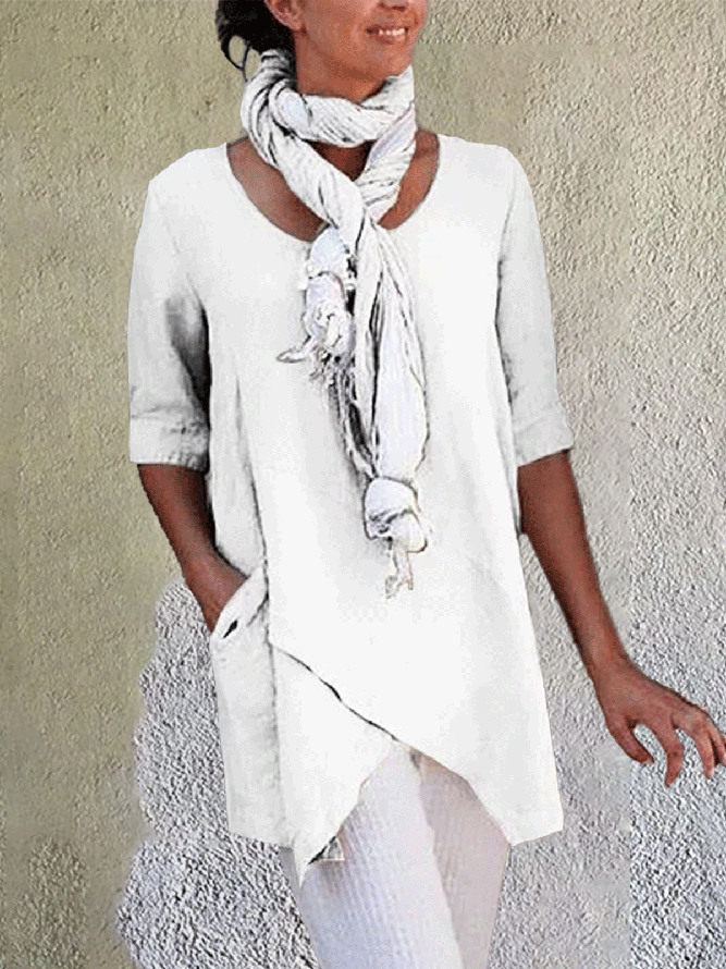 Linen Crew Neck Half Sleeve Solid Shirt & Blouses