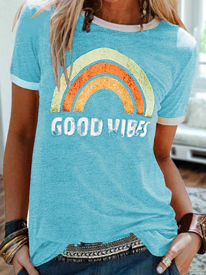 Vintage Short Sleeve Rainbow Letter Printed Plus Size Casual Tops